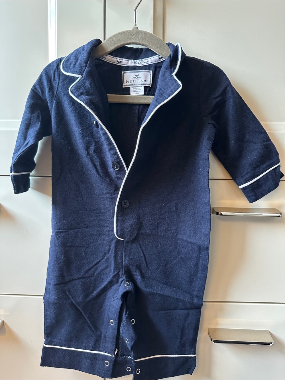 Petite Plume Navy Blue Piped Baby Pajama Romper